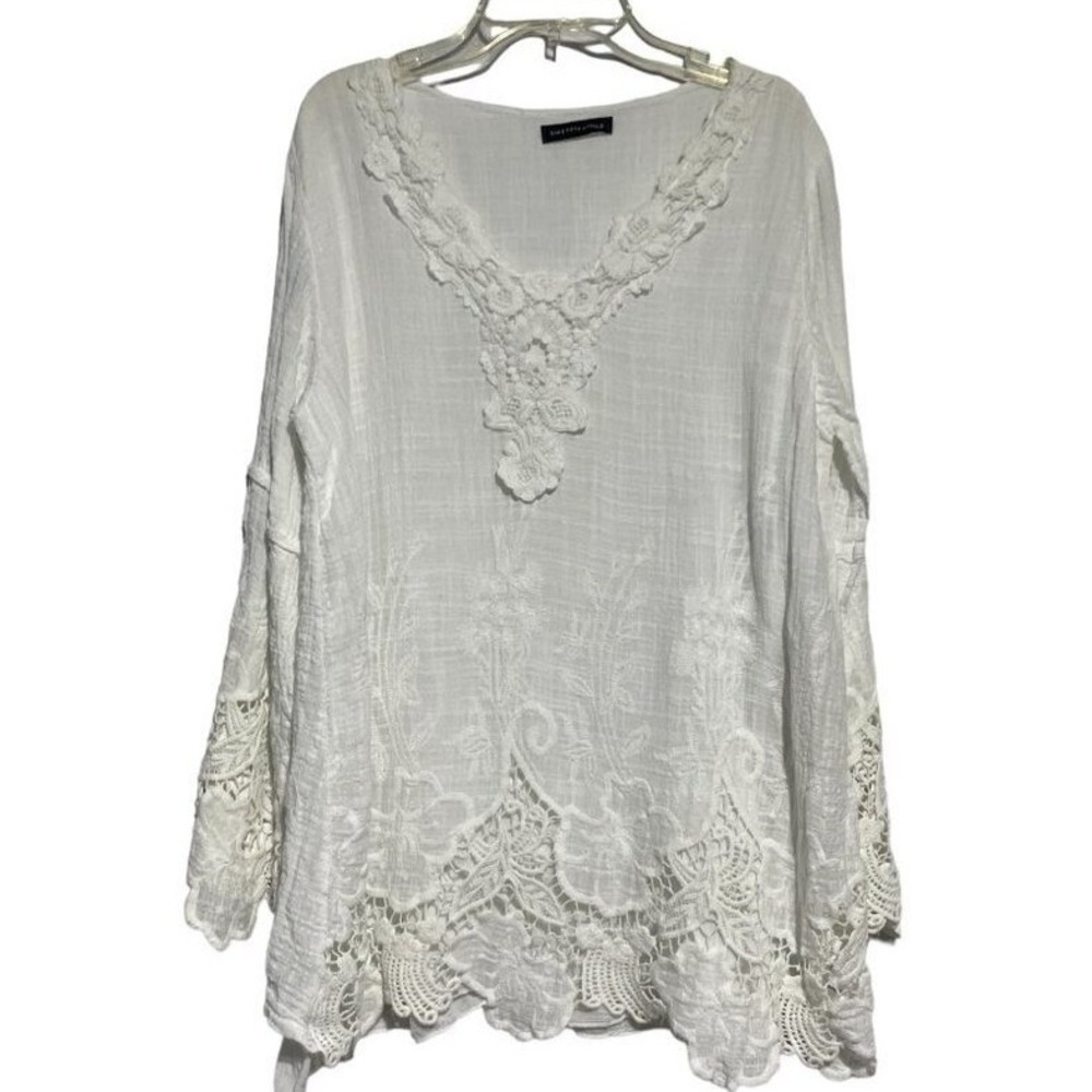Saks Fifth‎ Avenue White Gauze Crochet Lace Boho Tunic Bell Sleeve Top